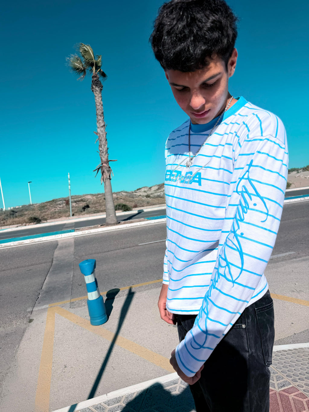 STRIPED LONGSLEEVE TEE RHINESTONE SWD [WHITE/BLUE]