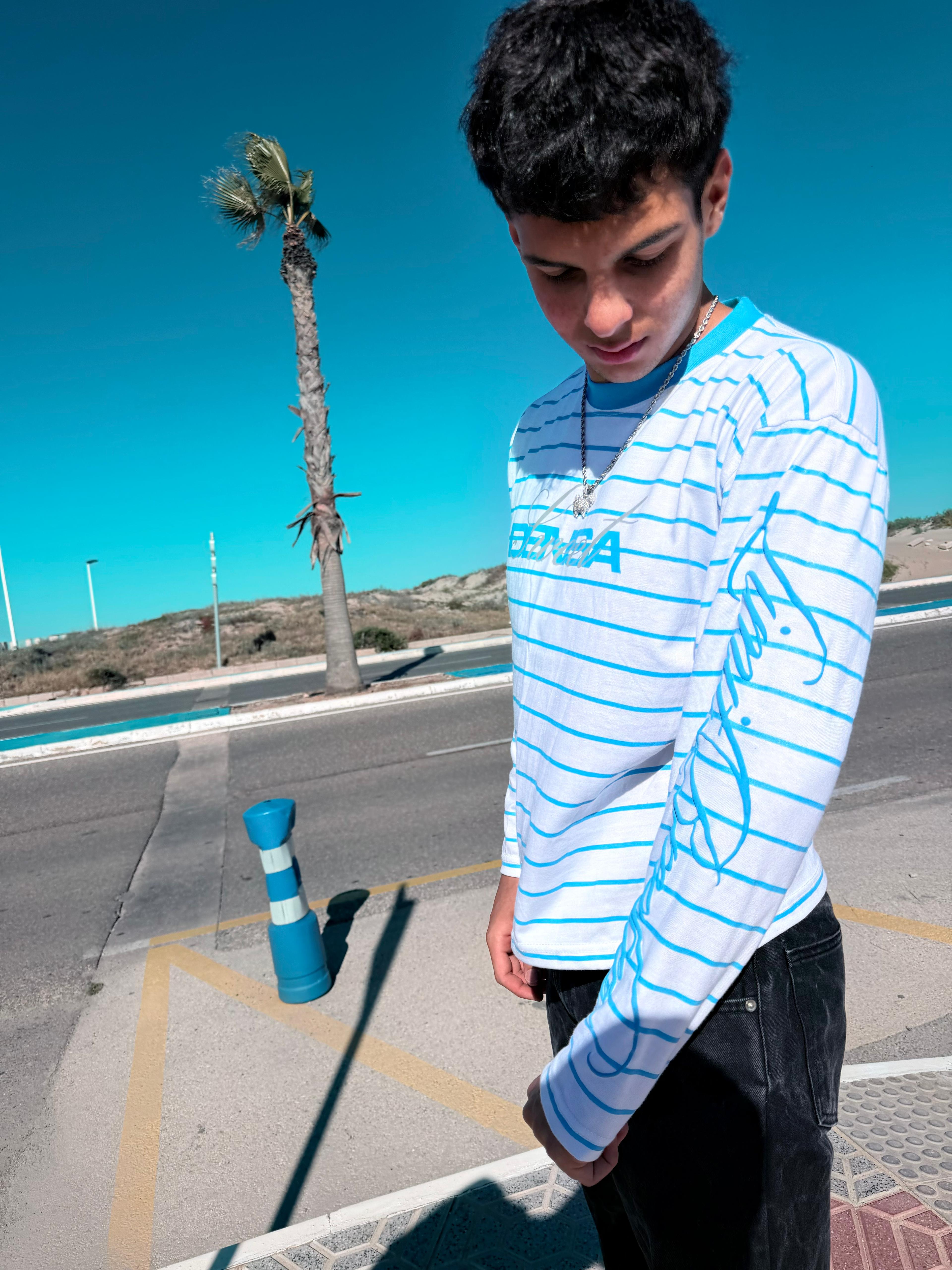 STRIPED LONGSLEEVE TEE RHINESTONE SWD [WHITE/BLUE]